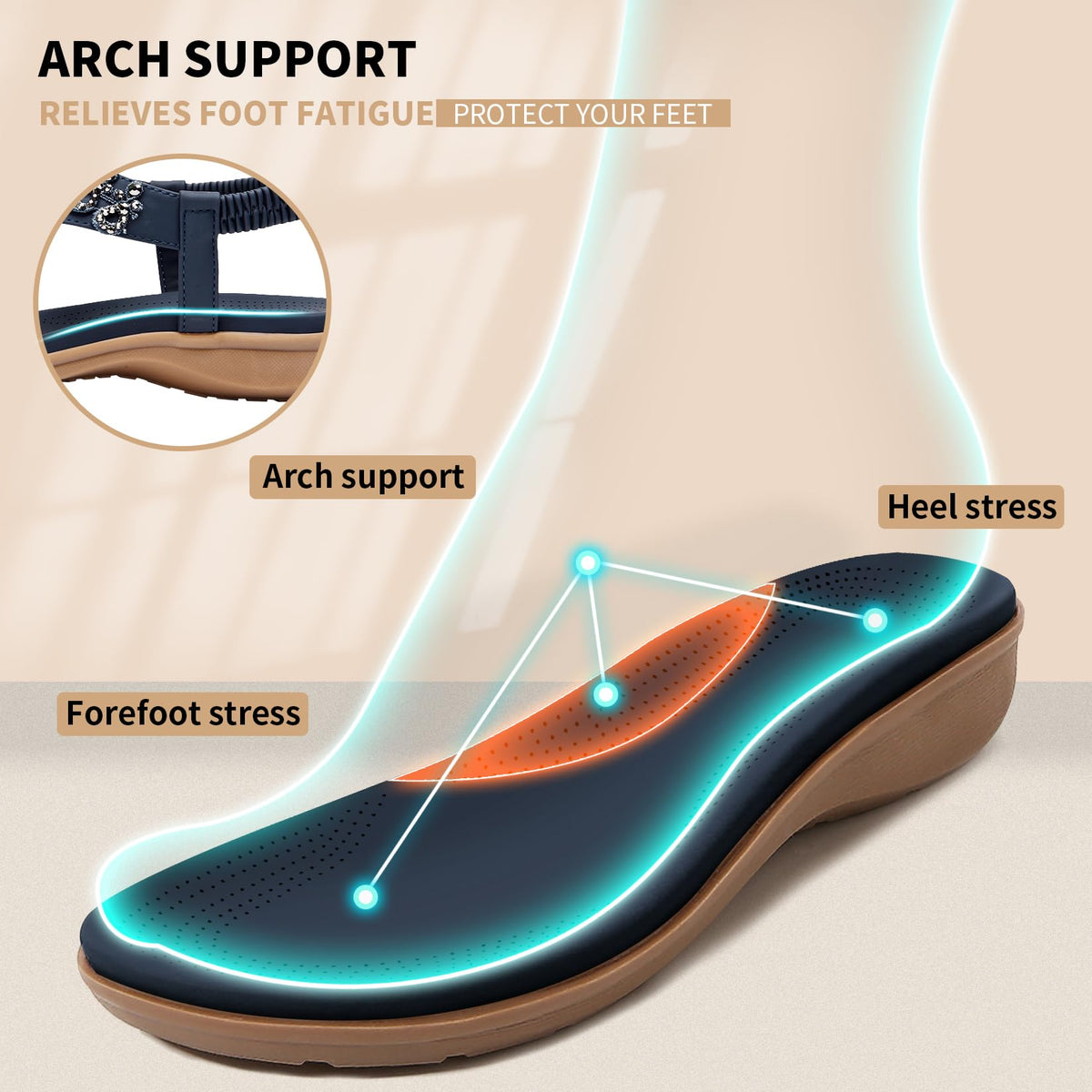 Littleplum Womens Sandals Arch Support Slingback Rhinestone Dressy Sandals Comfort Summer Shoes Ankle Strap Elastic Flats for Beach Walking Chic Blue Size 8.5