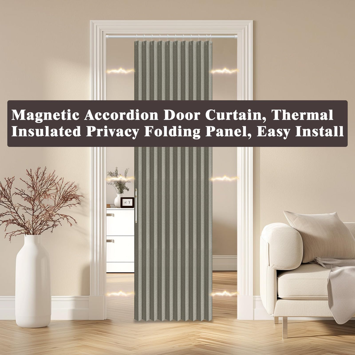 AJAZZ Blackout Accordion Door Magnetic Door Curtain Folding Closet Doors Curtain Invisible for Bedroom Room Living Room Doorway, Grey 42" W x 78" L, 1 Panel