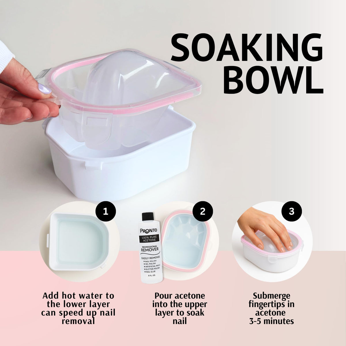 Pronto Gel Nail Polish Remover Kit – 8 Oz Pure Acetone 100 Percent, Nail File & Nail Polish Soak Off Bowl for Nail Care + Manicure Set with Nail Buffer Block, Cuticle Pusher & Nail scraper