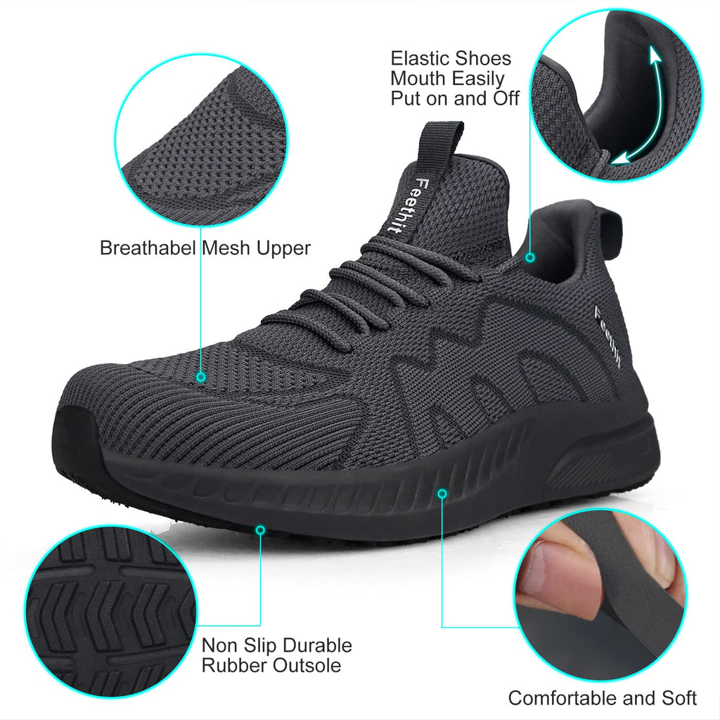 Feethit Mens Non Slip Running Shoes Walking Slip on Sneakers Dark Gray