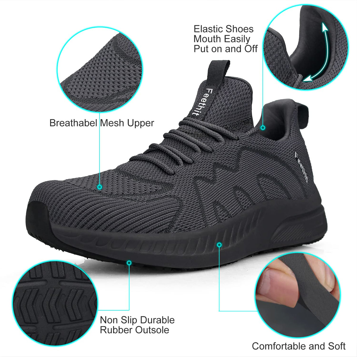 Feethit Mens Non Slip Running Shoes Walking Slip on Sneakers Dark Gray