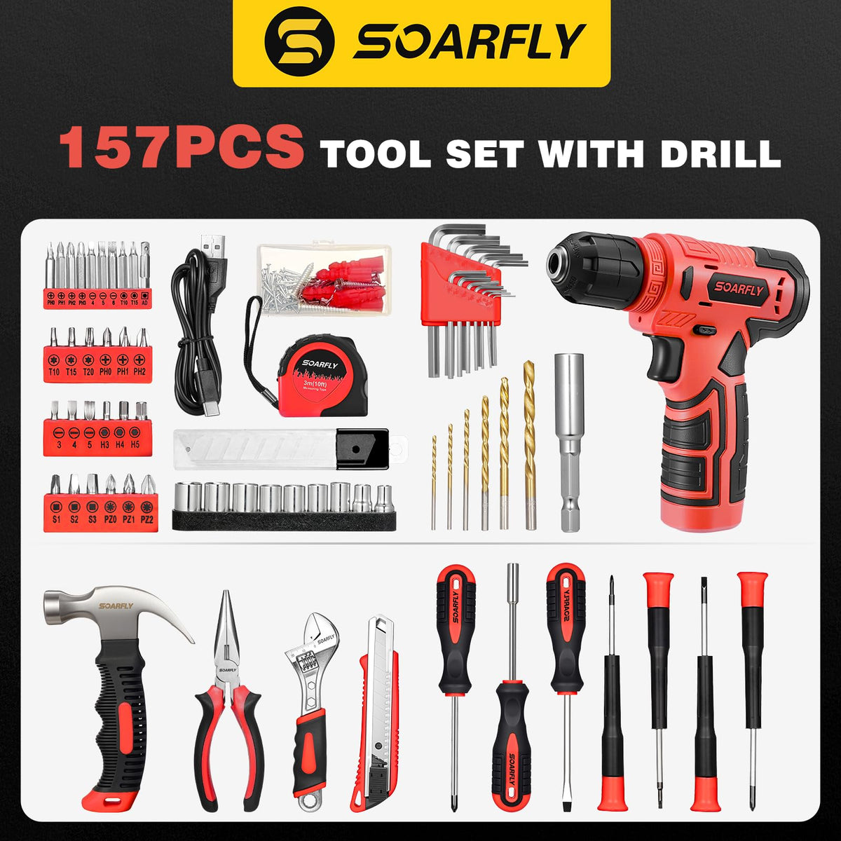 157-Piece Tool Set, 8V Cordless Drill Set, Hand Tool Kit for Men and Women
