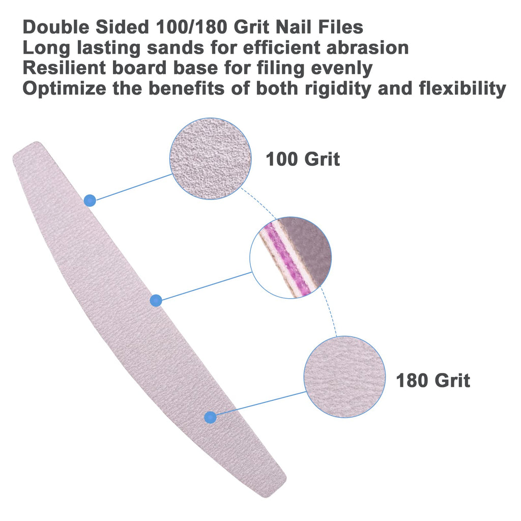 Nail Files (100 Pcs), 100/180 Grit Nail File Emery Board Bulk for Acrylic Nails and Natural Nails, Limas para Unas Acrilicas Profesional Pack Filers for Gel Nail Double Sided Manicure Curved Gray