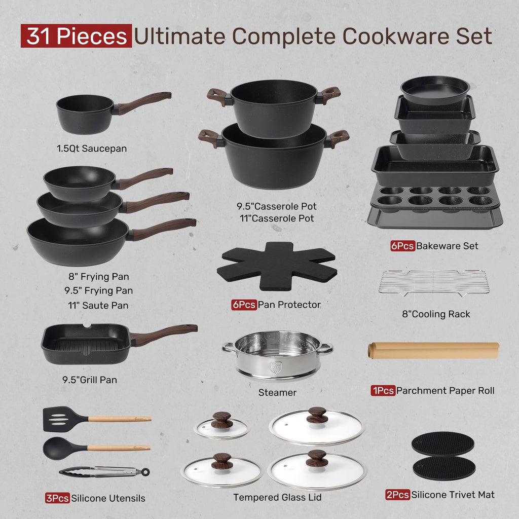 Kikcoin 31 Piece Pots and Pans Set Non Stick Kitchen Cookware Sets