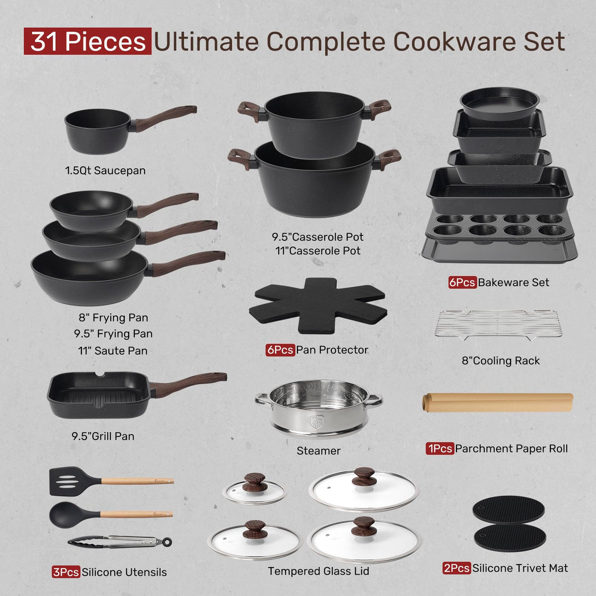 Kikcoin 31 Piece Pots and Pans Set Non Stick Kitchen Cookware Sets