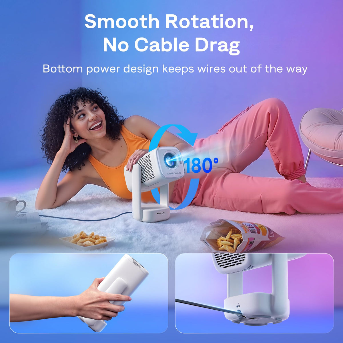 Aurzen Roku TV D1R air USB-C Powered Smart Portable Outdoor Projector White