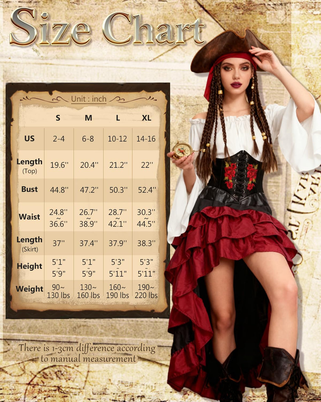 Women's Renaissance Pirate Wench Costume with Corset, Skirt & Blouse