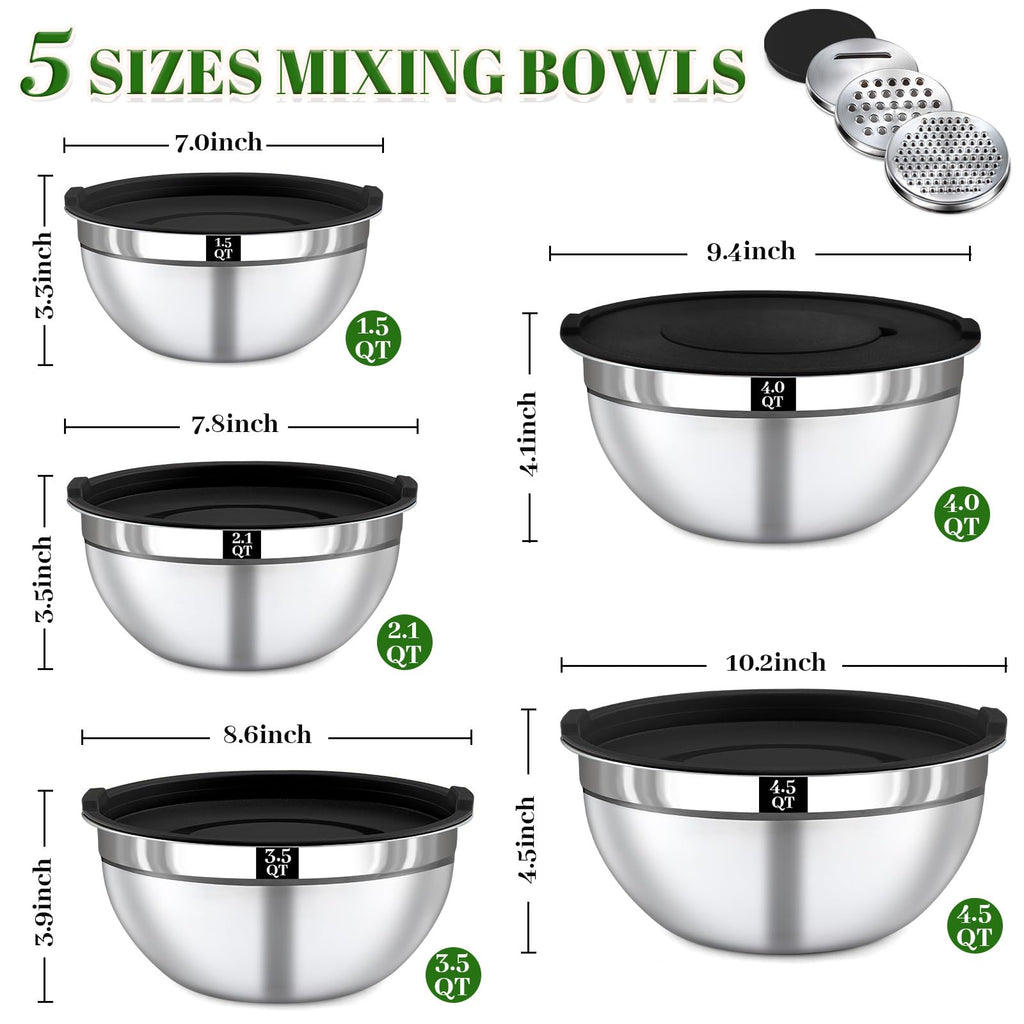 Boskermeal 8PCS Mixing Bowls with Lids Set - 5 Nesting Mixing Bowls, 3 Grater Attachments, Lids, Stainless Steel Mixing Bowls for Mixing & Serving, Size 1.5/2.1/3.5/4/4.5 QT, Black