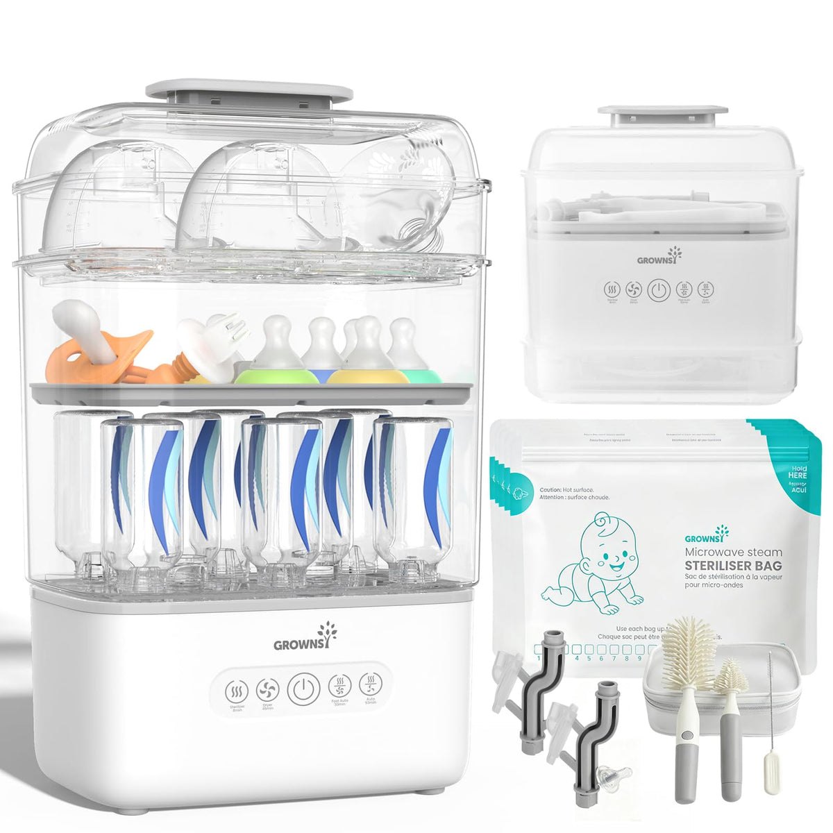 GROWNSY Baby Bottle Sterilizer and Dryer, 3-Tier, with Travel Kit
