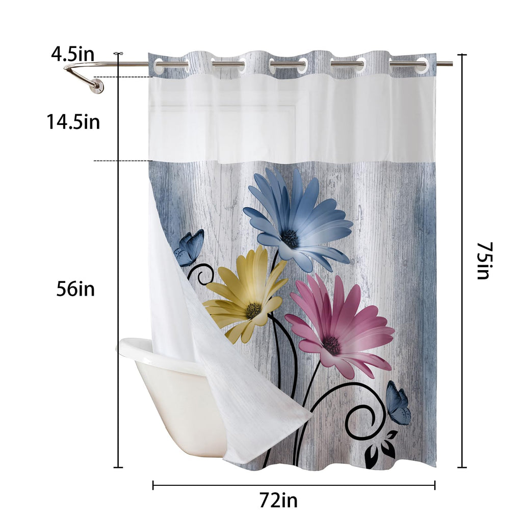 Hookless Shower Curtain with Snap in Liner, Blue Colorful Floral, 72W x 75L