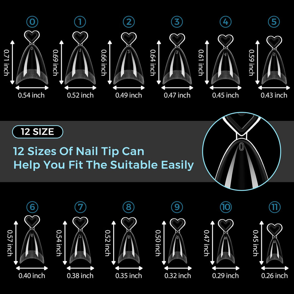 TOMICCA Medium Almond Nail Tips 504PCS, 12 Sizes Half Cover Acrylic Nails