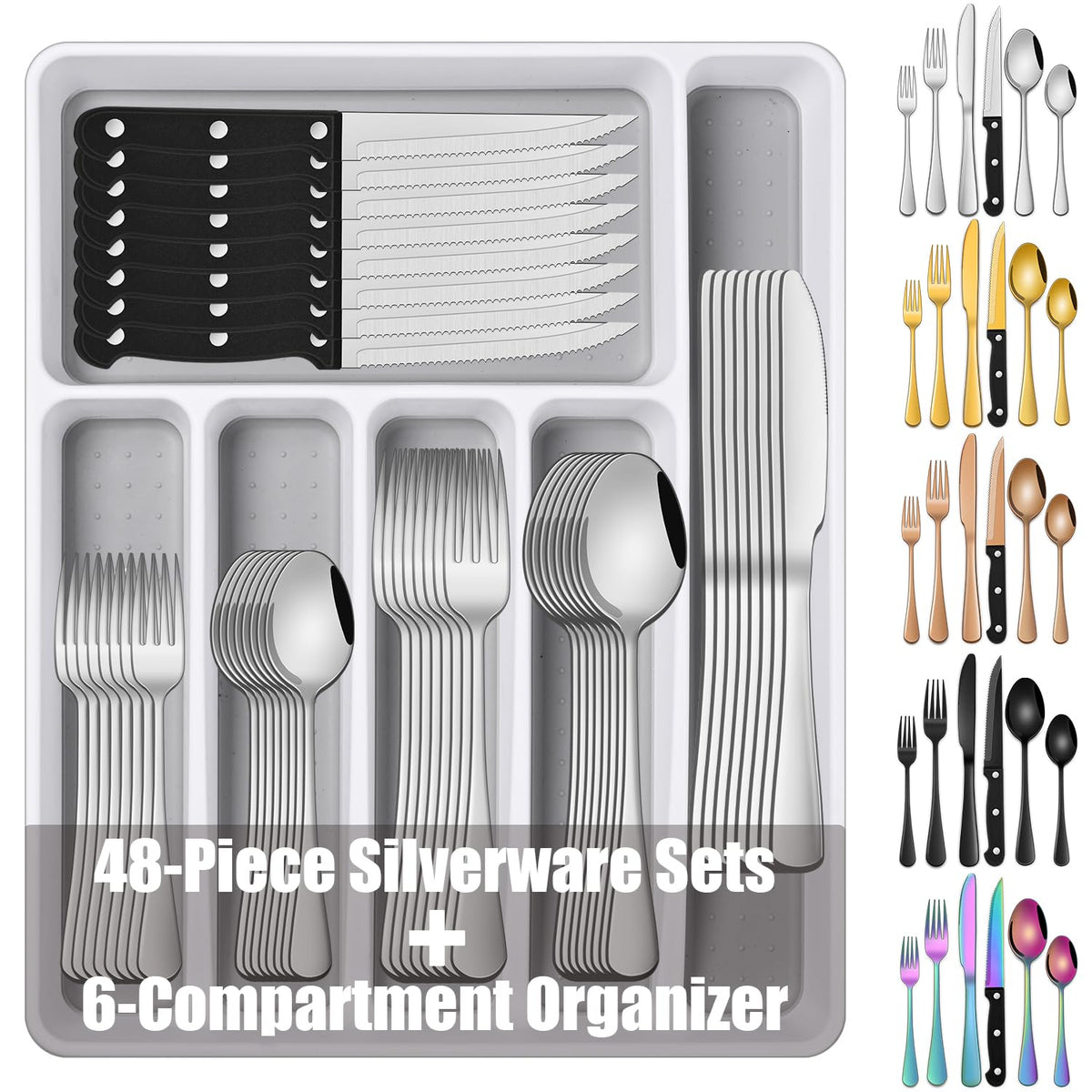 49 Pieces Silverware Sets With Organizer And Steak Knives, Stainless Steel Flatware Sets Service For 8 Person, Tableware Cutlery Sets, Includes Knife Spoon and Forks Sets