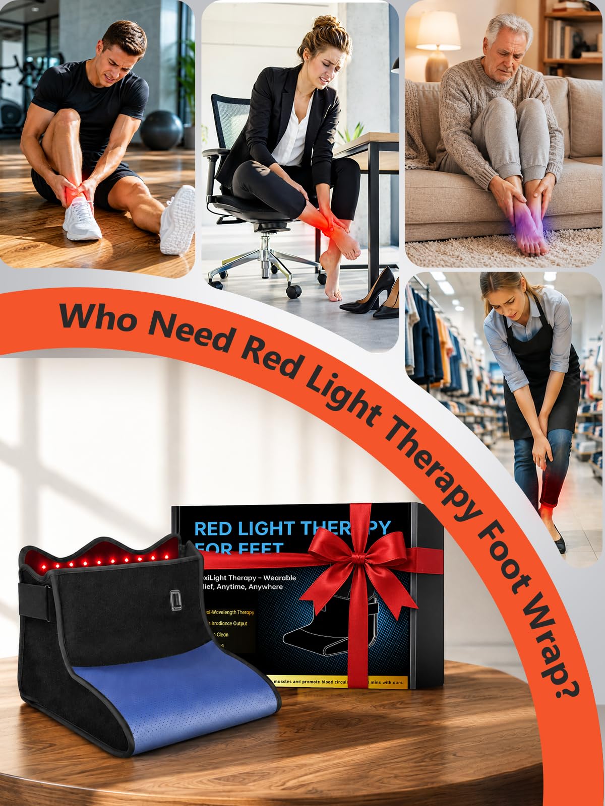 Red Light Therapy for Feet with Heat & Pulse, 180 Tri-Chips LEDs 660nm & 850nm, 5 Light Intensities & 10/40HZ Pulse, 10-90 Min Timer, Foldable Infrared Light Feet Wrap for Ankle Heel, Blue