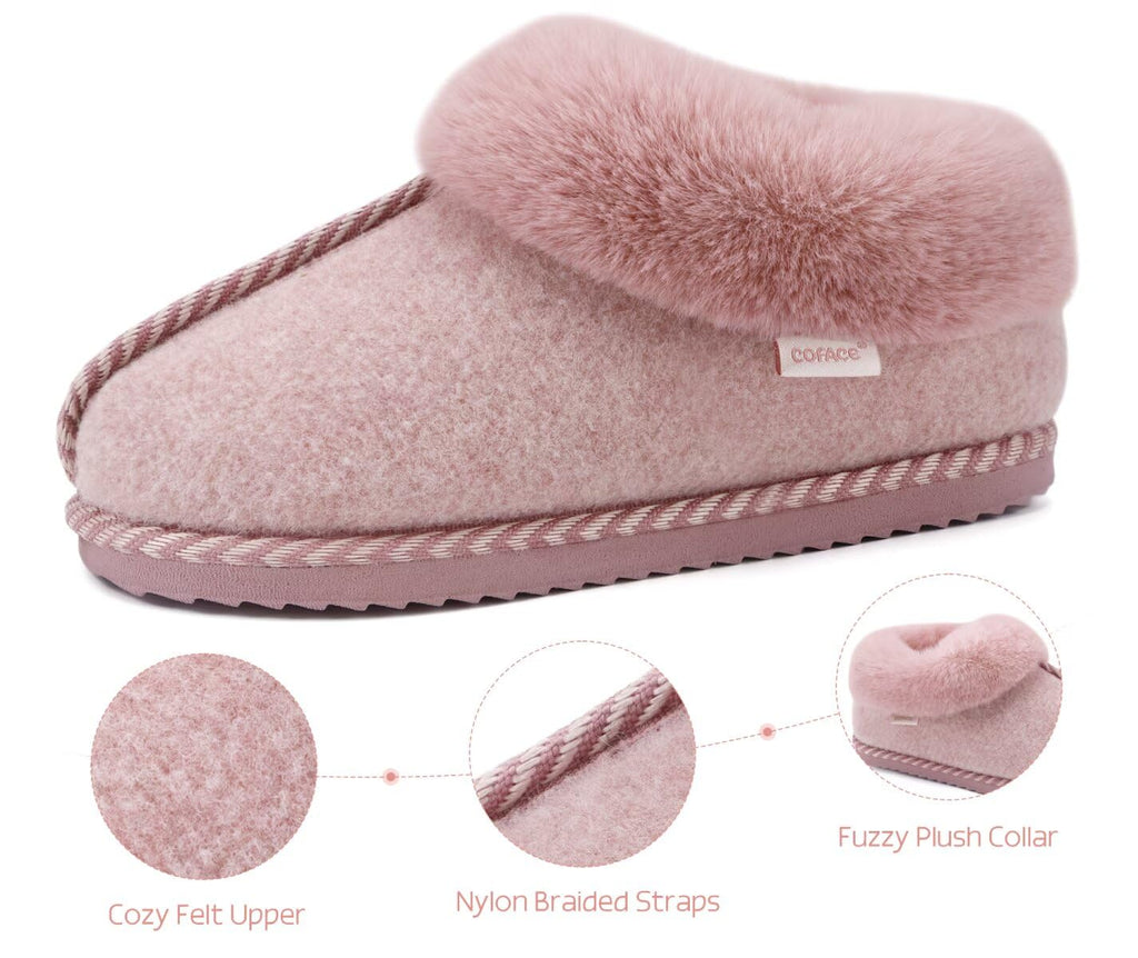 COFACE Women Bootie Slippers with Faux Fur Shearling Fluff Fuzzy Warm Collar Cuff Comfortable Cloud Memory Foam Cute Cozy Comfy Felt Upper for 2026 Winter Bedroom House Home Outdoor Pink Size 8.5