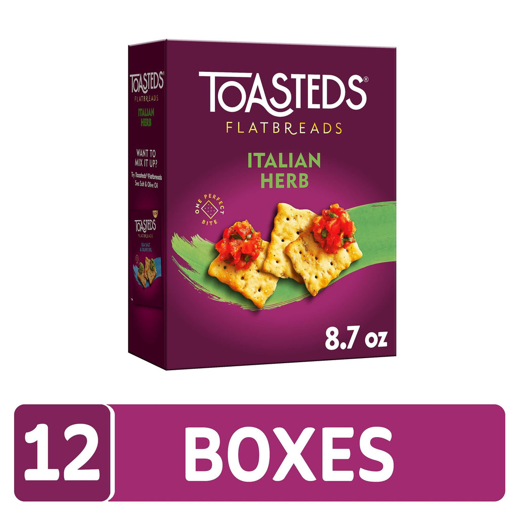 Toasteds Flatbreads Crackers, Lunch Snacks, Party Snacks, Italian Herb (12 Boxes)