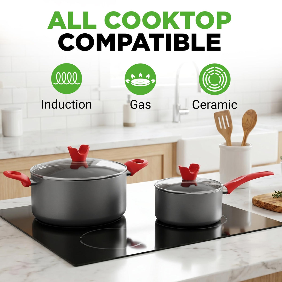 NutriChef 21-Piece Nonstick Cookware Set - PTFE/PFOA/PFOS Free Heat Resistant Lacquer Kitchen Ware Pots Pan w/ Cool-Touch Handles, Saucepan, Fry Pans, Lid, Bakeware, For Gas Electric Ceramic Cooktops
