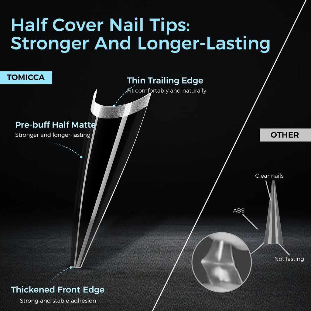 TOMICCA Extra Long Stiletto Nail Tips XXL 504pcs Clear Half Cover No C Curve Nail Tips, 12 Sizes Matte False Nails for DIY & Salon, Beginners & Professionals