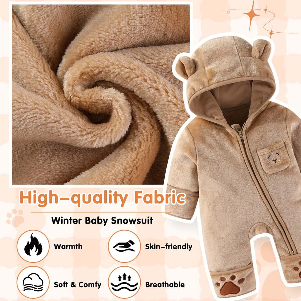 Fairy Baby Newborn Baby Winter Snowsuit Cute Bear Outfit One-Piece Hooded Romper Fleece Jumpsuit Fluffy Outwear Infant Girls Boys Brown 0-3M
