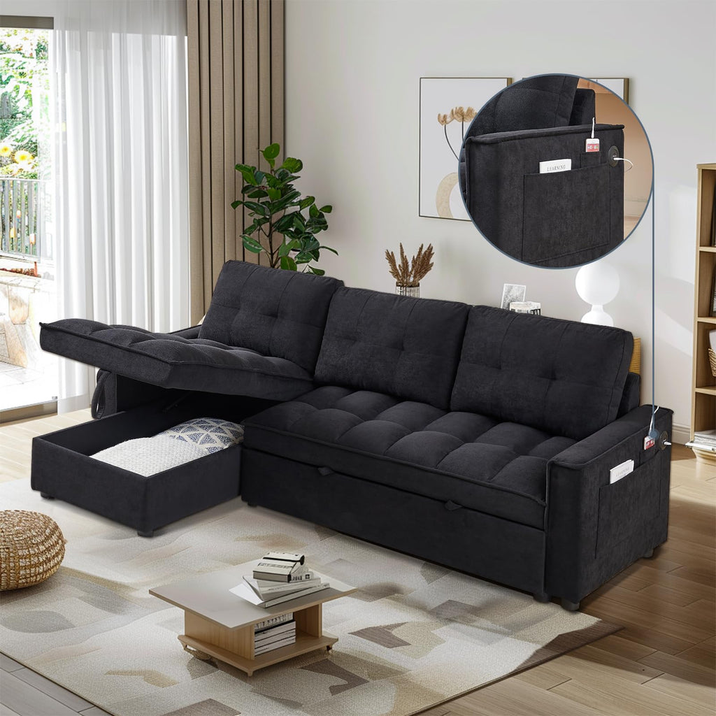 Firscook 78.75" Sleeper Sofa Couch,Modern L-Shaped Couches, Pull Out Couch with USB Ports&Side Pocket,Sleeper Sectional Sofa for Living Room Apartment,Chenille,Black