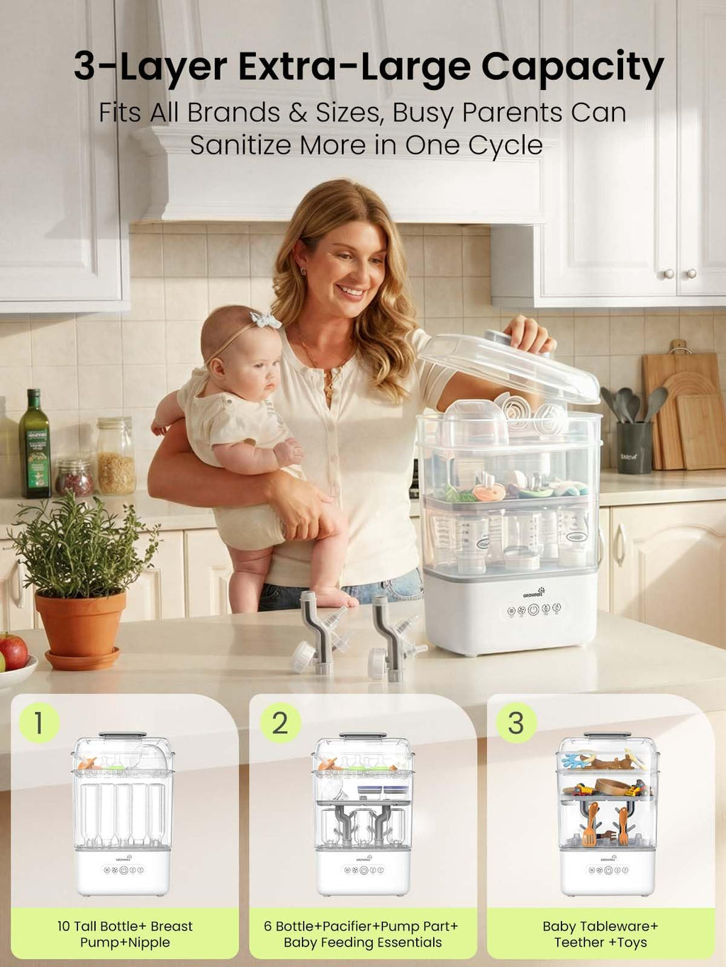 GROWNSY Baby Bottle Sterilizer and Dryer, 3-Tier, with Travel Kit