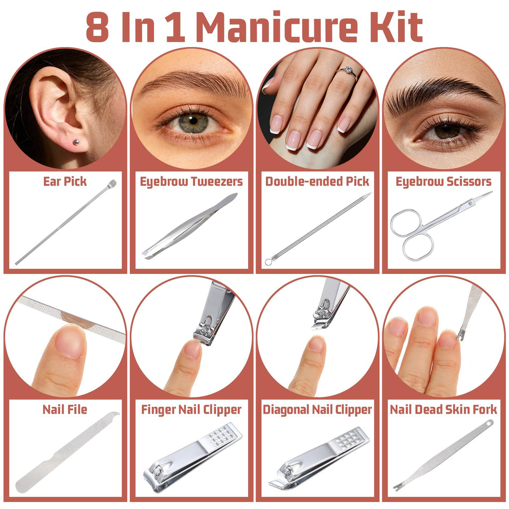 12 Sets Manicure Set, 8 in 1 Stainless Steel Nail Care Kit, Sturdy Manicure Tool Kits with Travel Case, Nail Grooming Kit Gift, for Men and Women(Pink)
