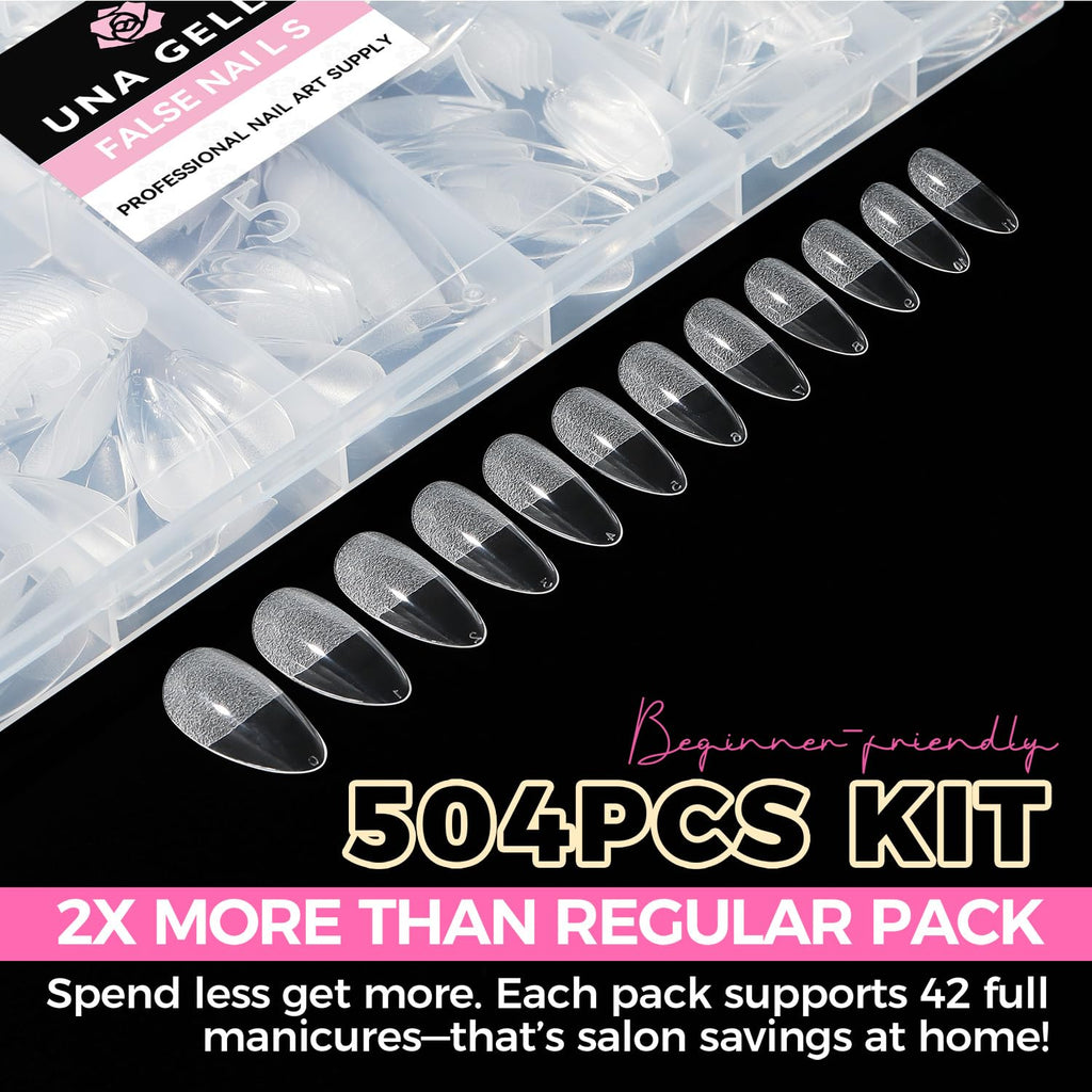 UNA GELLA Almond Gel Nail Tips, 504 Clear Tips, 12 Sizes