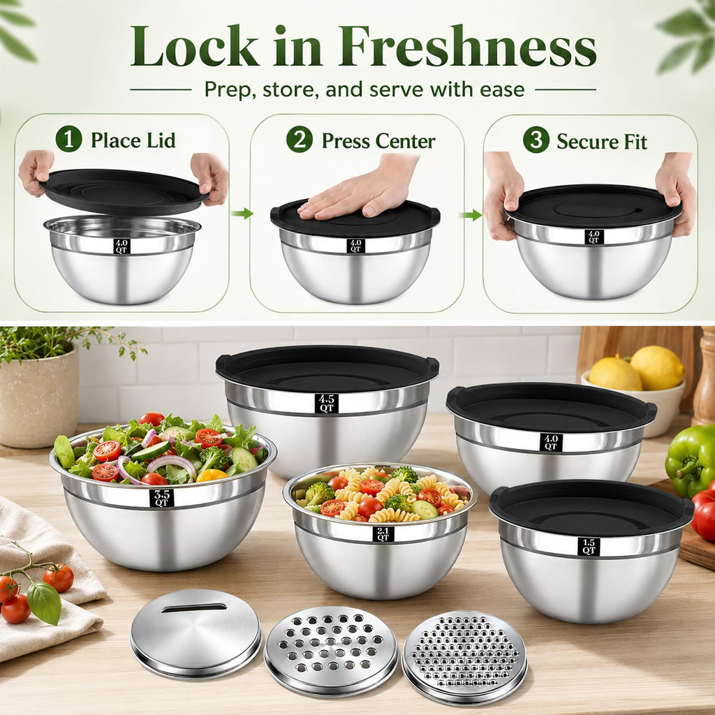 Boskermeal 8PCS Mixing Bowls with Lids Set - 5 Nesting Mixing Bowls, 3 Grater Attachments, Lids, Stainless Steel Mixing Bowls for Mixing & Serving, Size 1.5/2.1/3.5/4/4.5 QT, Black