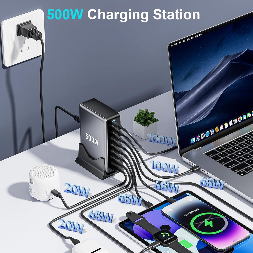 500W USB C Charger Block, 8-Port USB Charging Station with Dual 100W PD