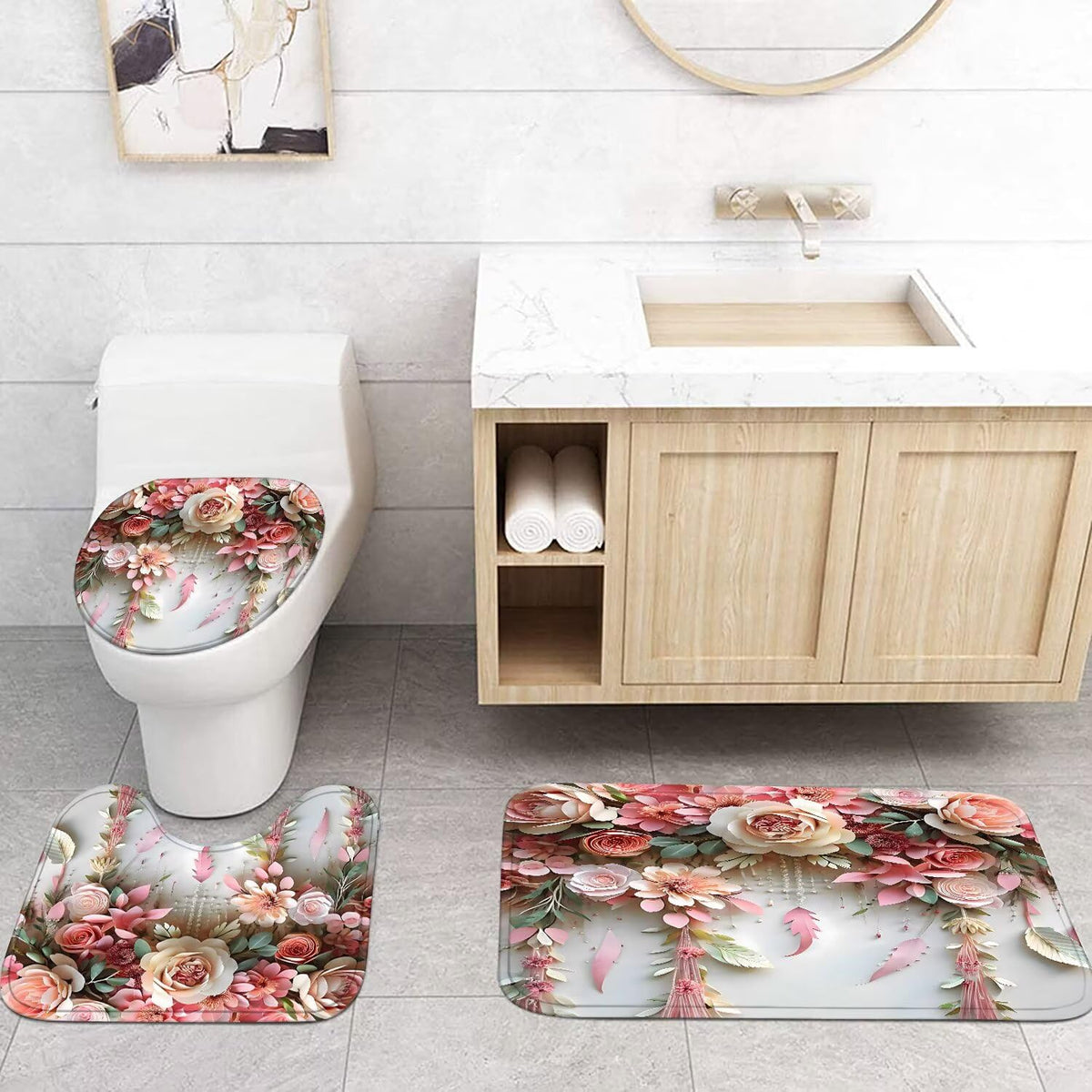 DDQQ Pink Flower Bathroom Shower Curtain Set, Rose Shower Curtain and Rugs