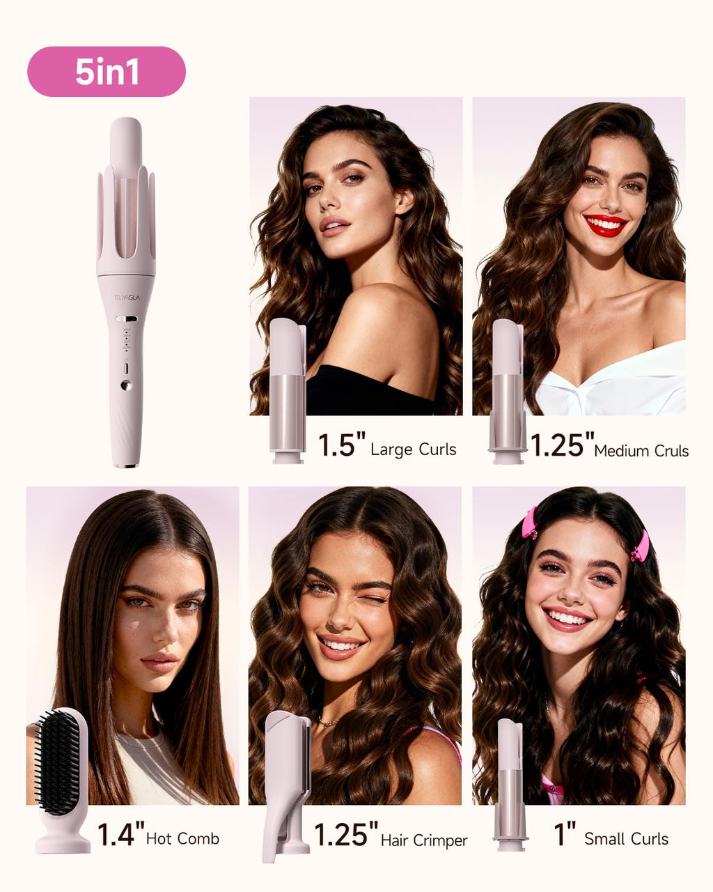 TSUYAGLA 5 in 1 Automatic Curling Iron Set with 3 Interchangeable Barrels
