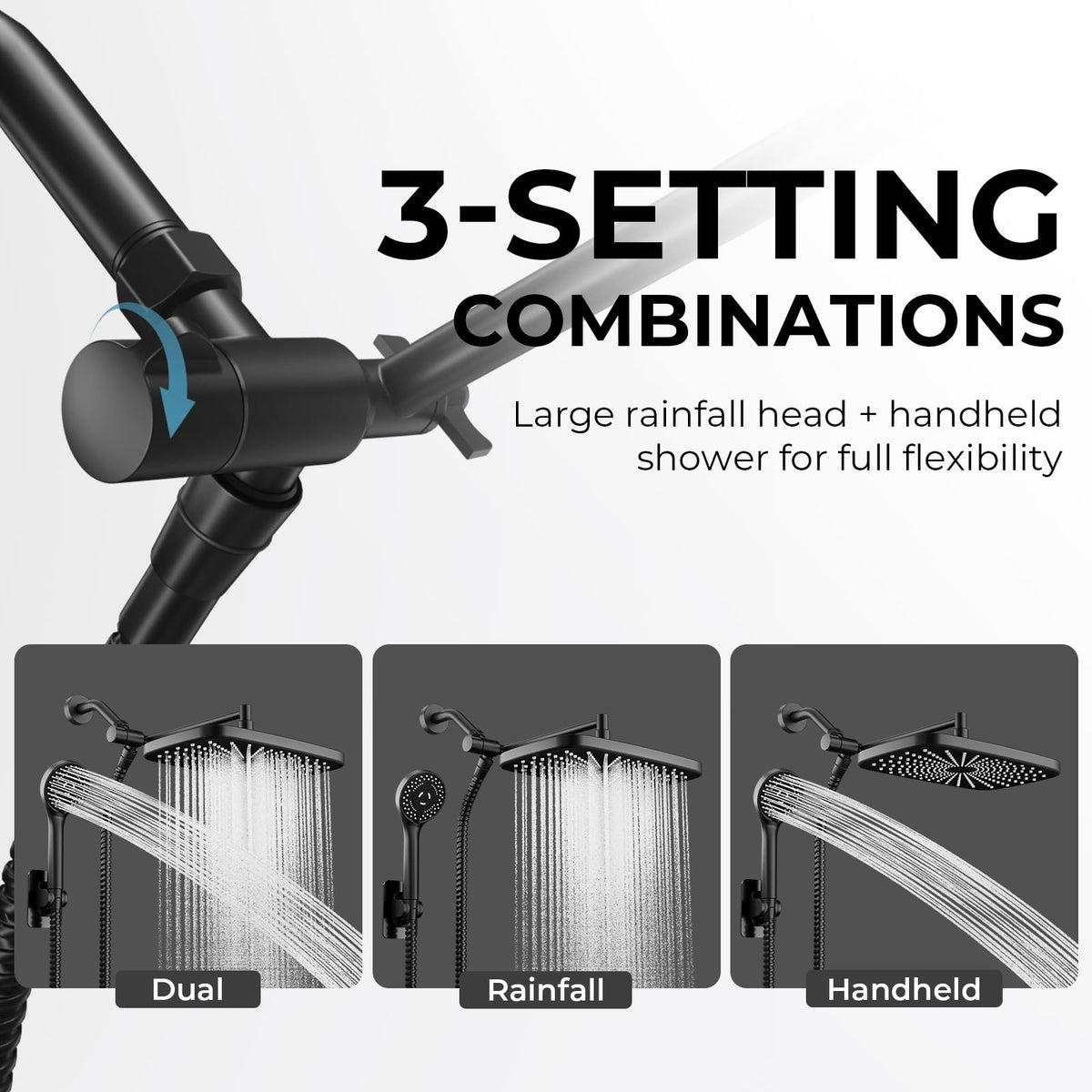 Seacity Black Rain Shower Head with Handheld Shower Head, 5 Spray Modes