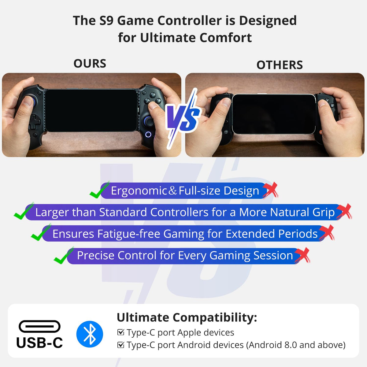 abxylute S9 Full-Size Gaming Phone Controller for iPhone 15/16/17, iPad Mini 6/7 Android Tablet Bluetooth TypeC Mobile Gamepad Free Button Mapping Genshin Impact, Hall Effect Joystick (black)