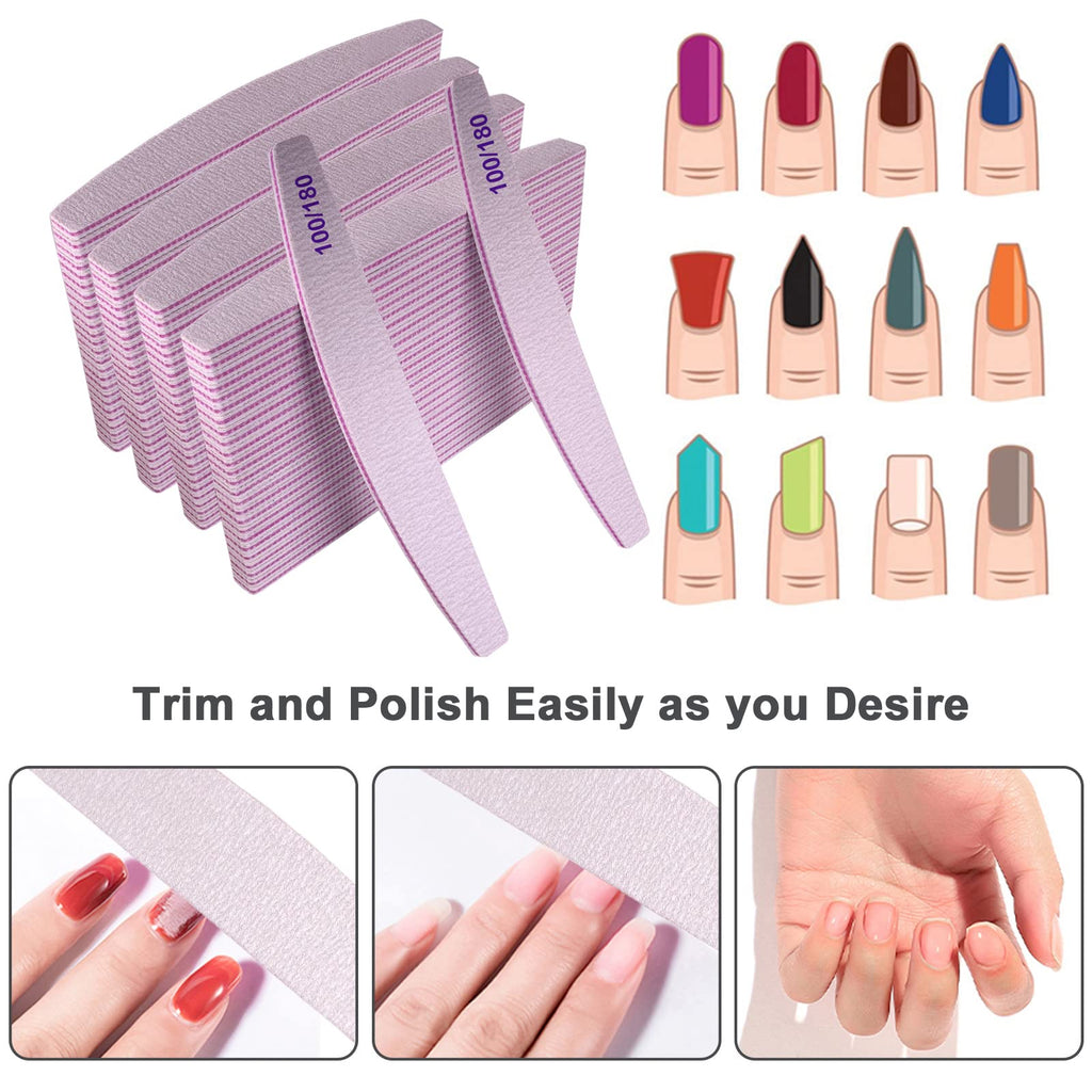 Nail Files (100 Pcs), 100/180 Grit Nail File Emery Board Bulk for Acrylic Nails and Natural Nails, Limas para Unas Acrilicas Profesional Pack Filers for Gel Nail Double Sided Manicure Curved Gray