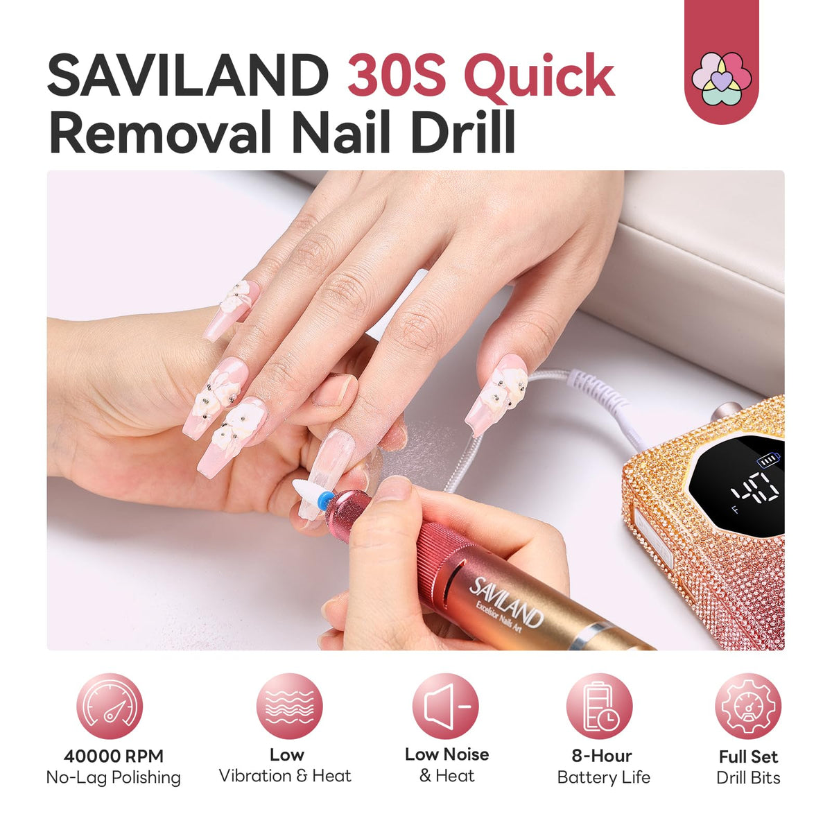 SAVILAND Electric Nail Drill 30S Fast Removal 40000RPM for Acrylic Nails