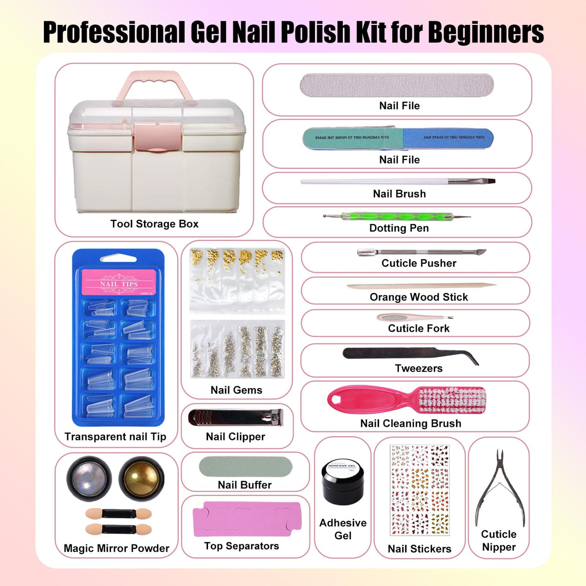 JR 48Pcs Gel Nail Polish Kit 27 Colors Full Size 15ml Base Top Coat Soak Off Manicure Set Storage Box Gift For Women And Girls