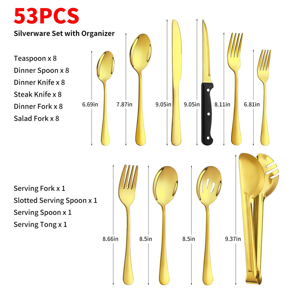 53PCS Gold Silverware Set for 8 with Flatware Drawer Organizer, Stainless Steel Cutlery Set with Steak Knives, Include Spoons and Forks Set & Serving Utensils, Mirror Polished, Dishwasher Safe