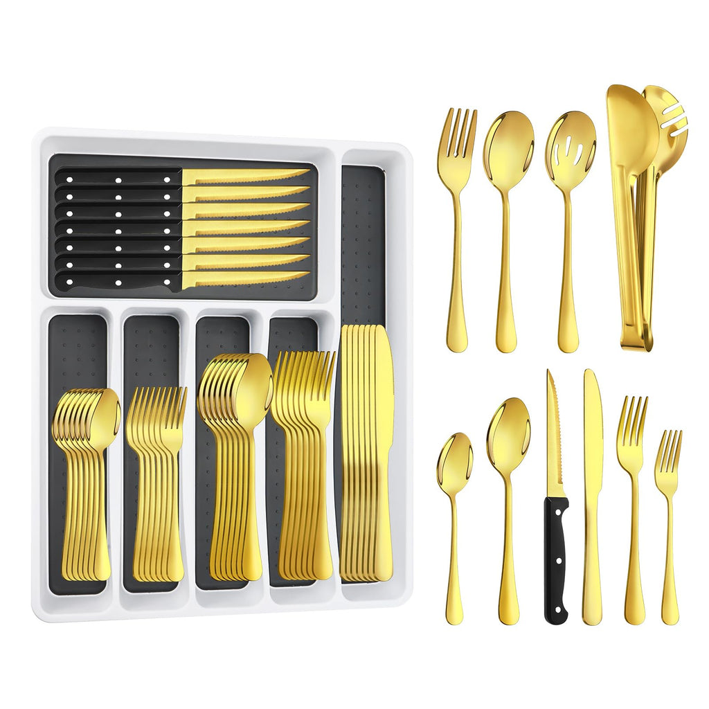 53PCS Gold Silverware Set for 8 with Flatware Drawer Organizer, Stainless Steel Cutlery Set with Steak Knives, Include Spoons and Forks Set & Serving Utensils, Mirror Polished, Dishwasher Safe