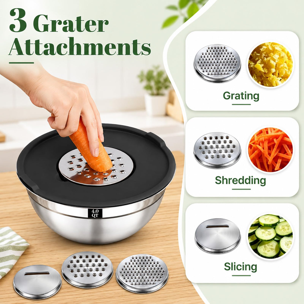 Boskermeal 8PCS Mixing Bowls with Lids Set - 5 Nesting Mixing Bowls, 3 Grater Attachments, Lids, Stainless Steel Mixing Bowls for Mixing & Serving, Size 1.5/2.1/3.5/4/4.5 QT, Black