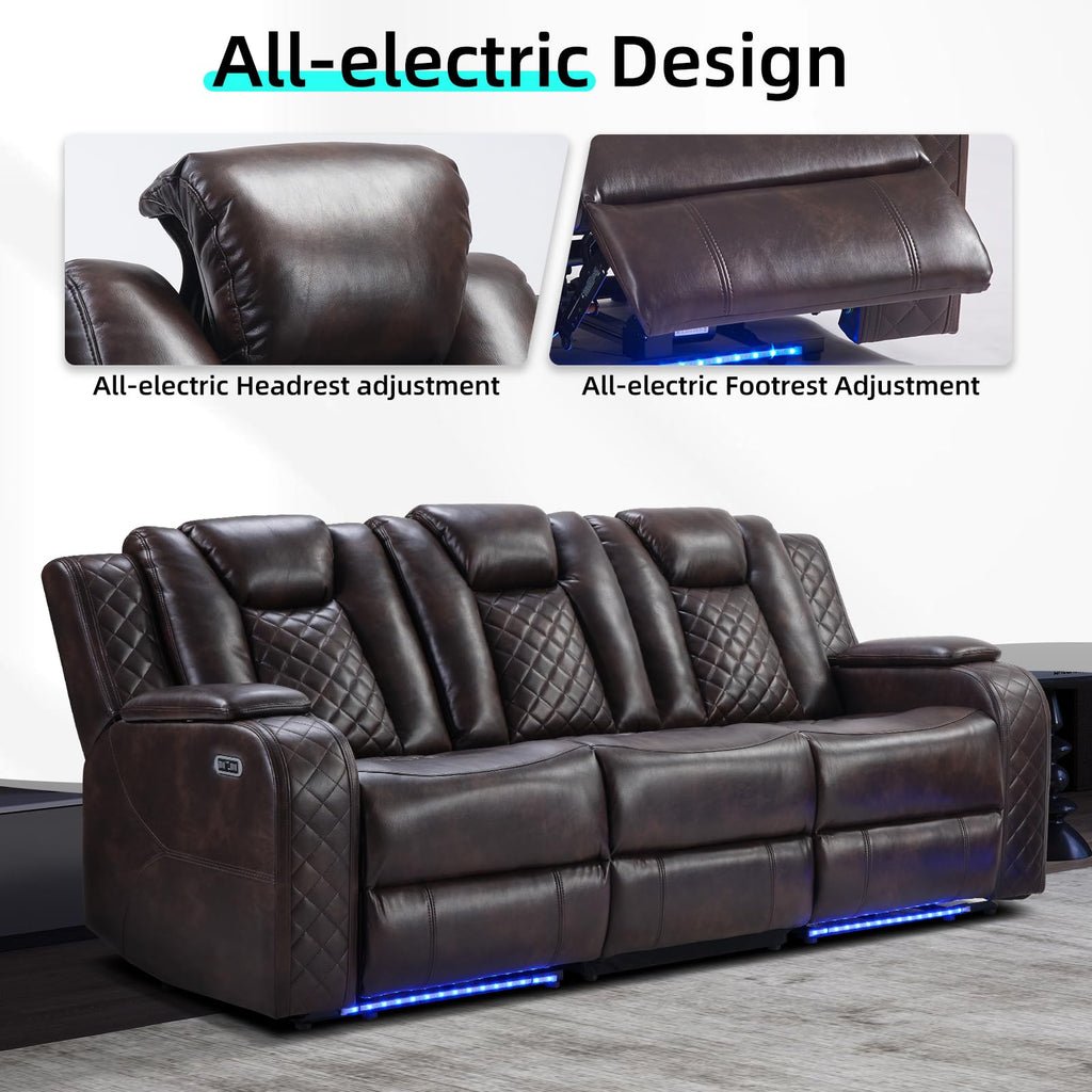 CANMOV Home Theater Seating with Adjustable Headrest with LED Lights, 3 Seat Power Reclining Sofa with Flip Backrest Design, Wireless Charger, Cup Holders, Reading Light and USB Charging Ports, Brown