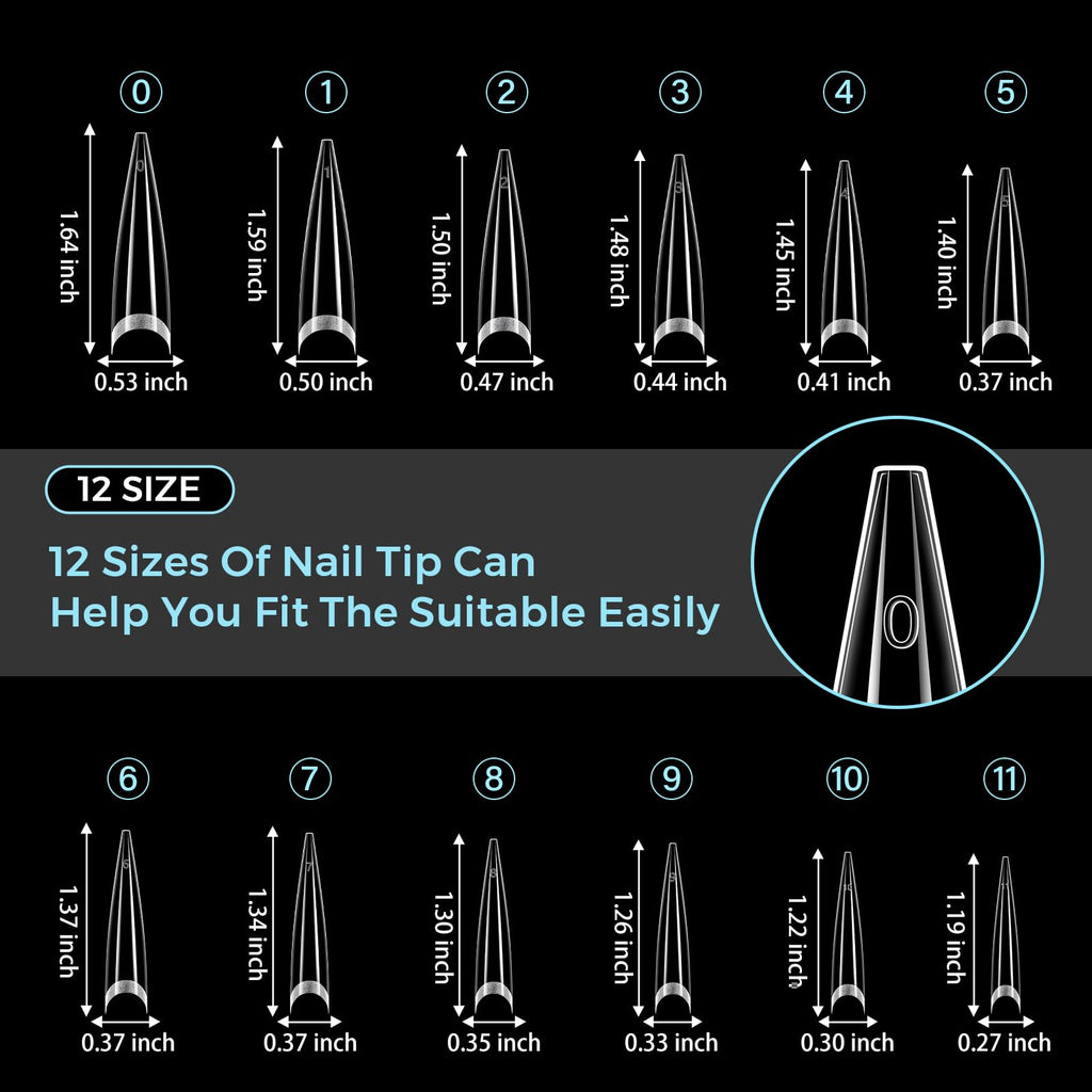 TOMICCA Extra Long Stiletto Nail Tips XXL 504pcs Clear Half Cover No C Curve Nail Tips, 12 Sizes Matte False Nails for DIY & Salon, Beginners & Professionals