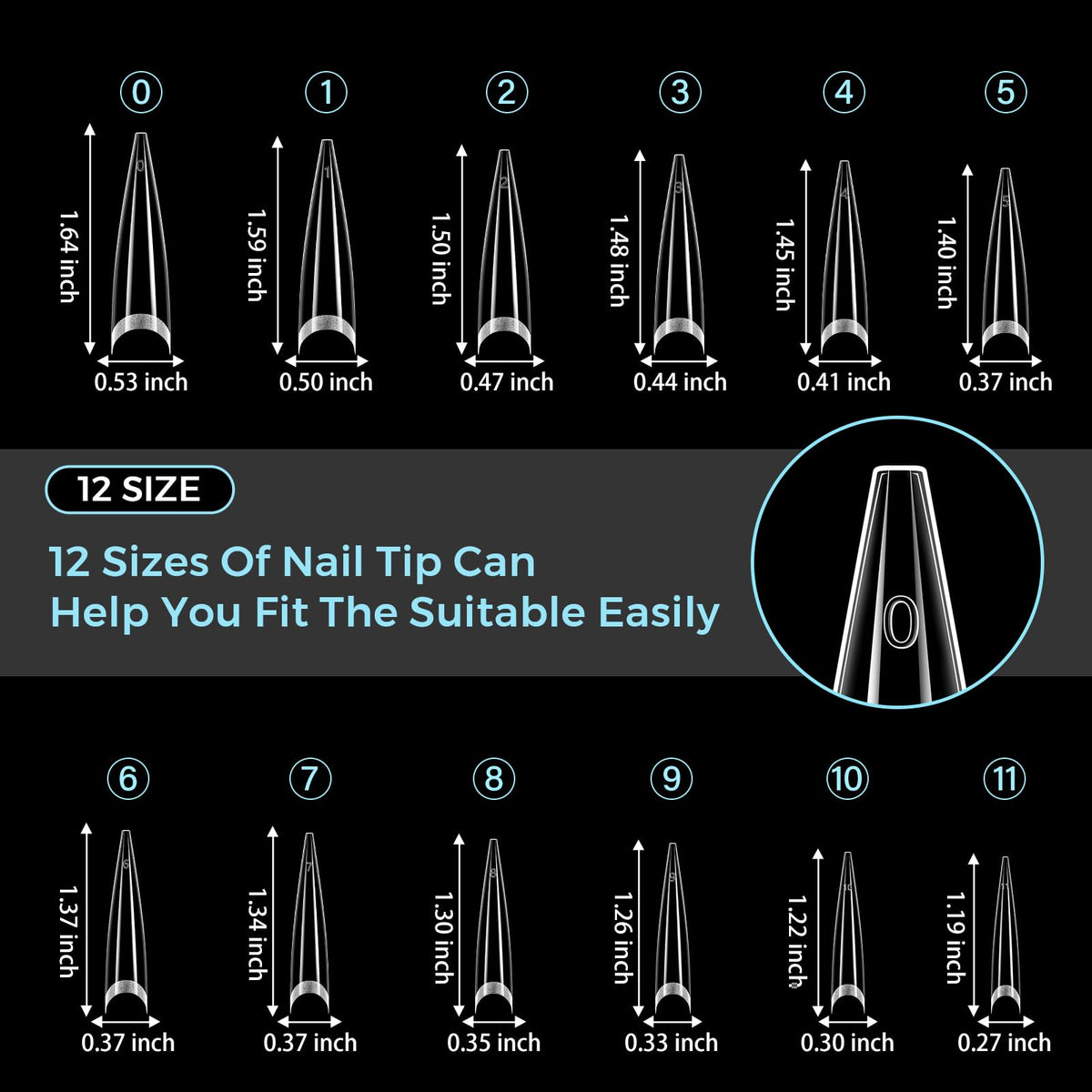 TOMICCA Extra Long Stiletto Nail Tips XXL 504pcs Clear Half Cover No C Curve Nail Tips, 12 Sizes Matte False Nails for DIY & Salon, Beginners & Professionals