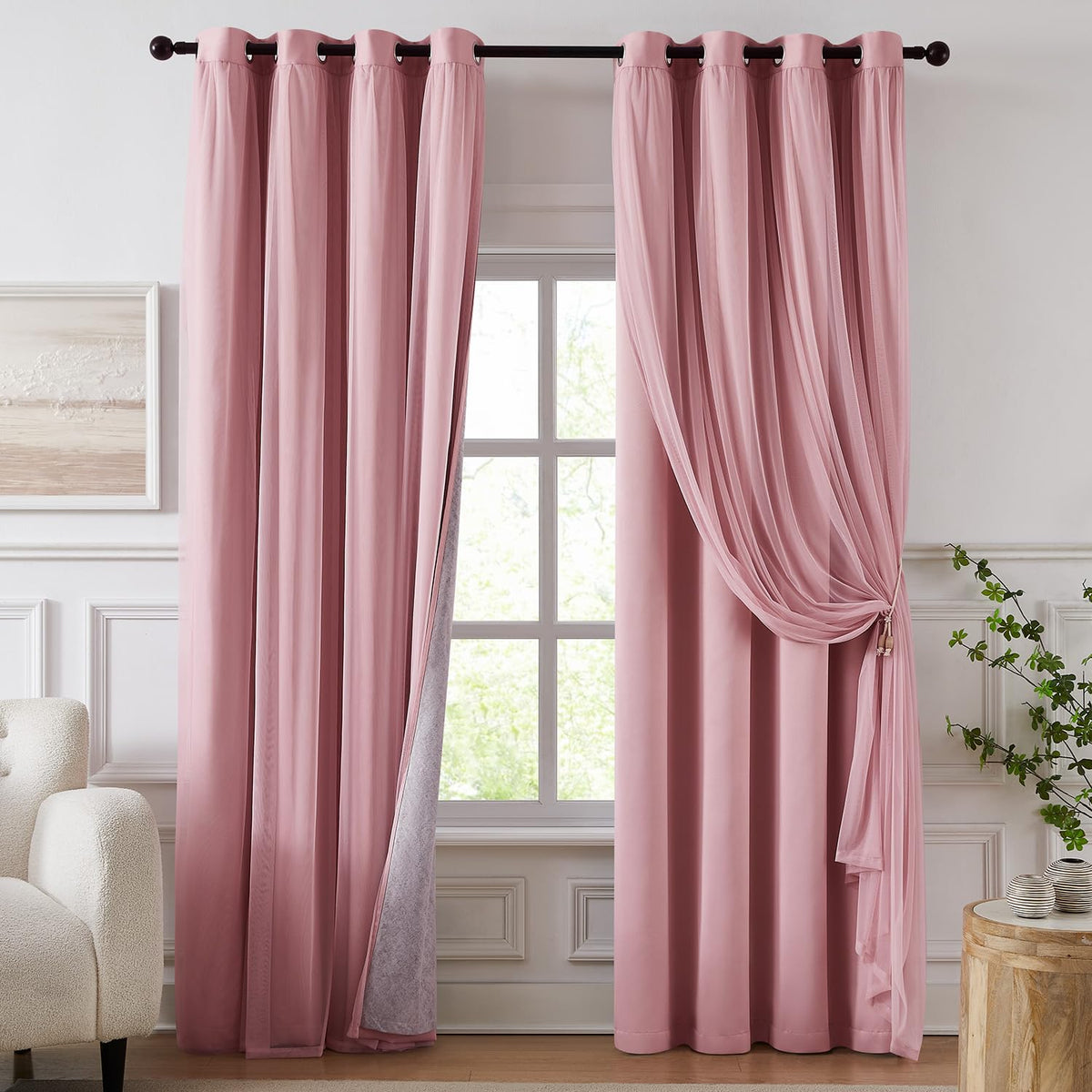 Swandream 100% Blackout Curtains for Bedroom, Double Layer Pink 84" L
