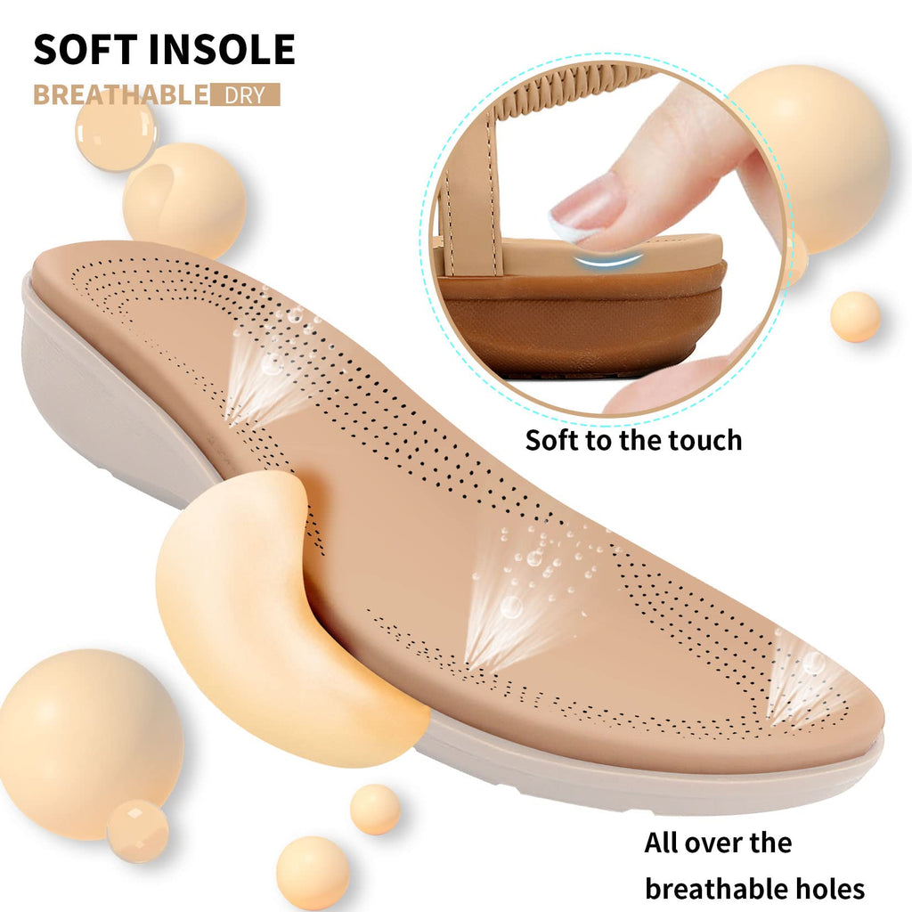Littleplum Womens Sandals Arch Support Slingback Sandals Summer Beach Shoes Ankle Strap Thong Elastic Flat Sandals for Women Apricot Size 6