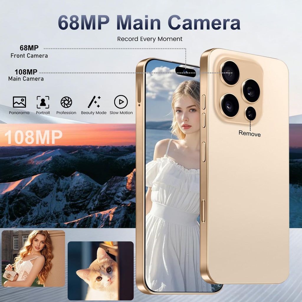 Nawfait 16 PM Smartphone Unlocked Cell Phone, 6.99“ HD Screen5G Phone, 16+512GB phoneunlocked, Android 14.0, 68+108MP Zoom Camera, Fingerprint Button Unlock-and take Photos (Gold)