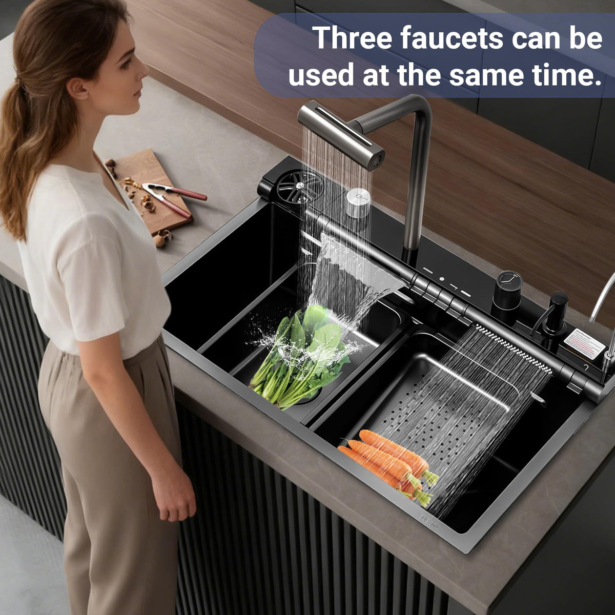 30x18 Dual Waterfall Kitchen Sink,Modern Kitchen Sink with 4 in 1 Faucet,Black Stainless Steel Single Bowl Digital Smart Sink with Pull-Out Faucet,Multifunctional Workstation Sinks with Nano Honeycomb