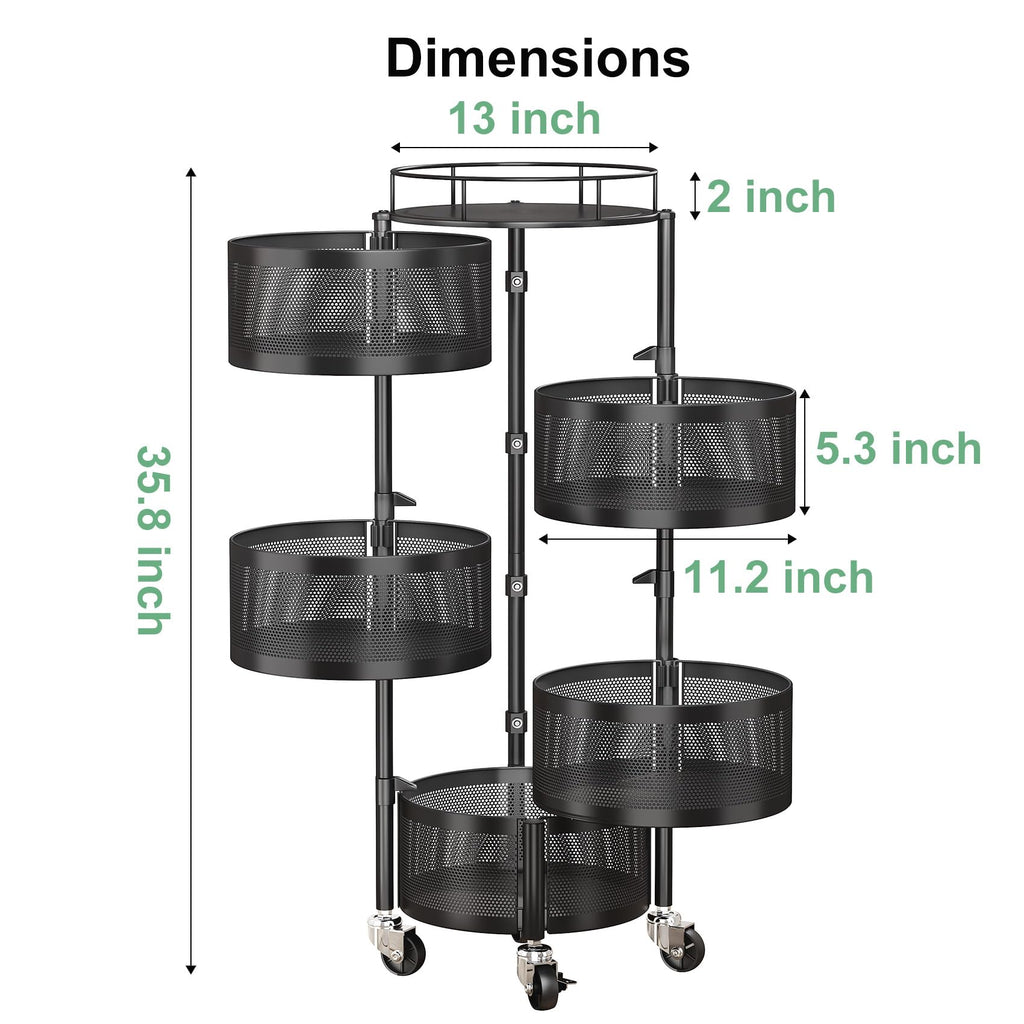 SAYZH 5 Tier Fruit Vegetable Basket Stand for Kitchen, Rotating, Black