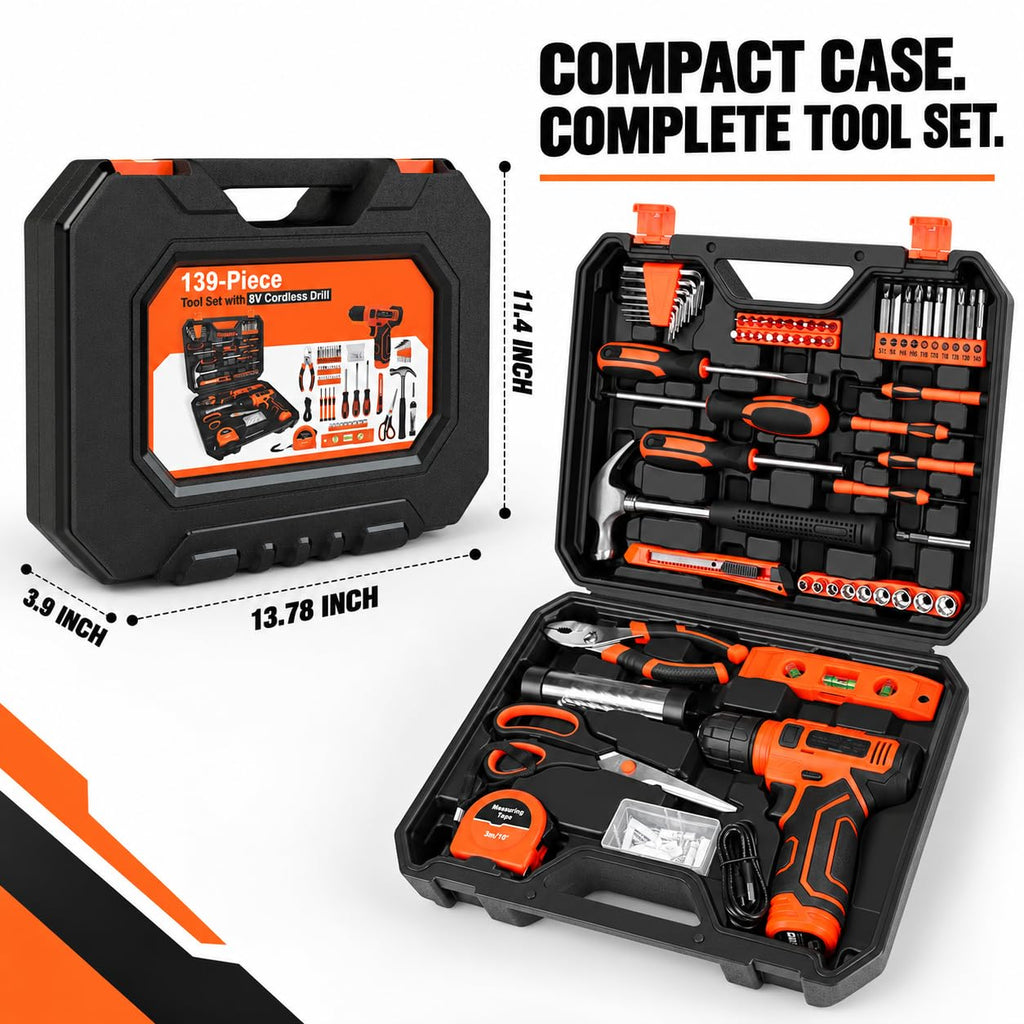 Thatool 139-Piece Home Tool Kit with 8V Cordless Drill and Storage Case