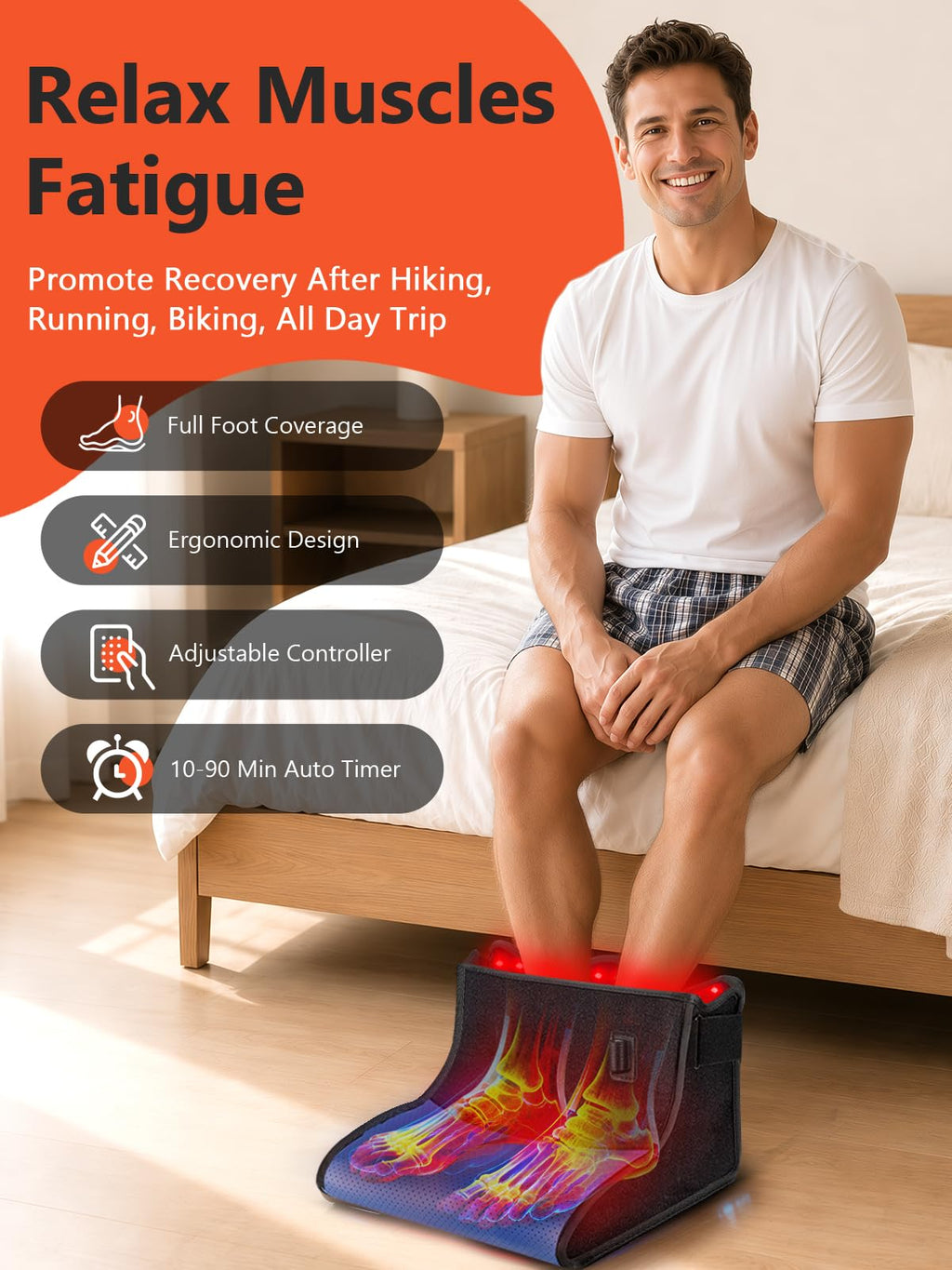 Red Light Therapy for Feet with Heat & Pulse, 180 Tri-Chips LEDs 660nm & 850nm, 5 Light Intensities & 10/40HZ Pulse, 10-90 Min Timer, Foldable Infrared Light Feet Wrap for Ankle Heel, Blue