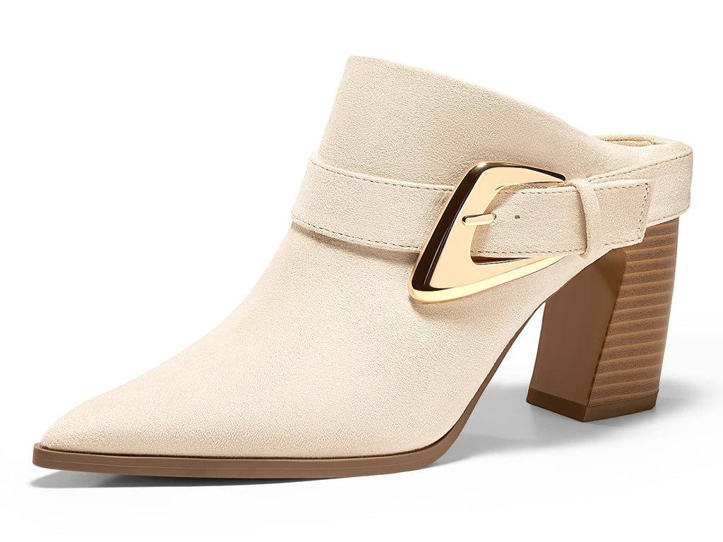Coutgo Womens Mules Boots Chunky Stacked Heel Pointed Toe Booties Slip On Dress Boot Shoes with Buckle Decoration, Beige, Size 7