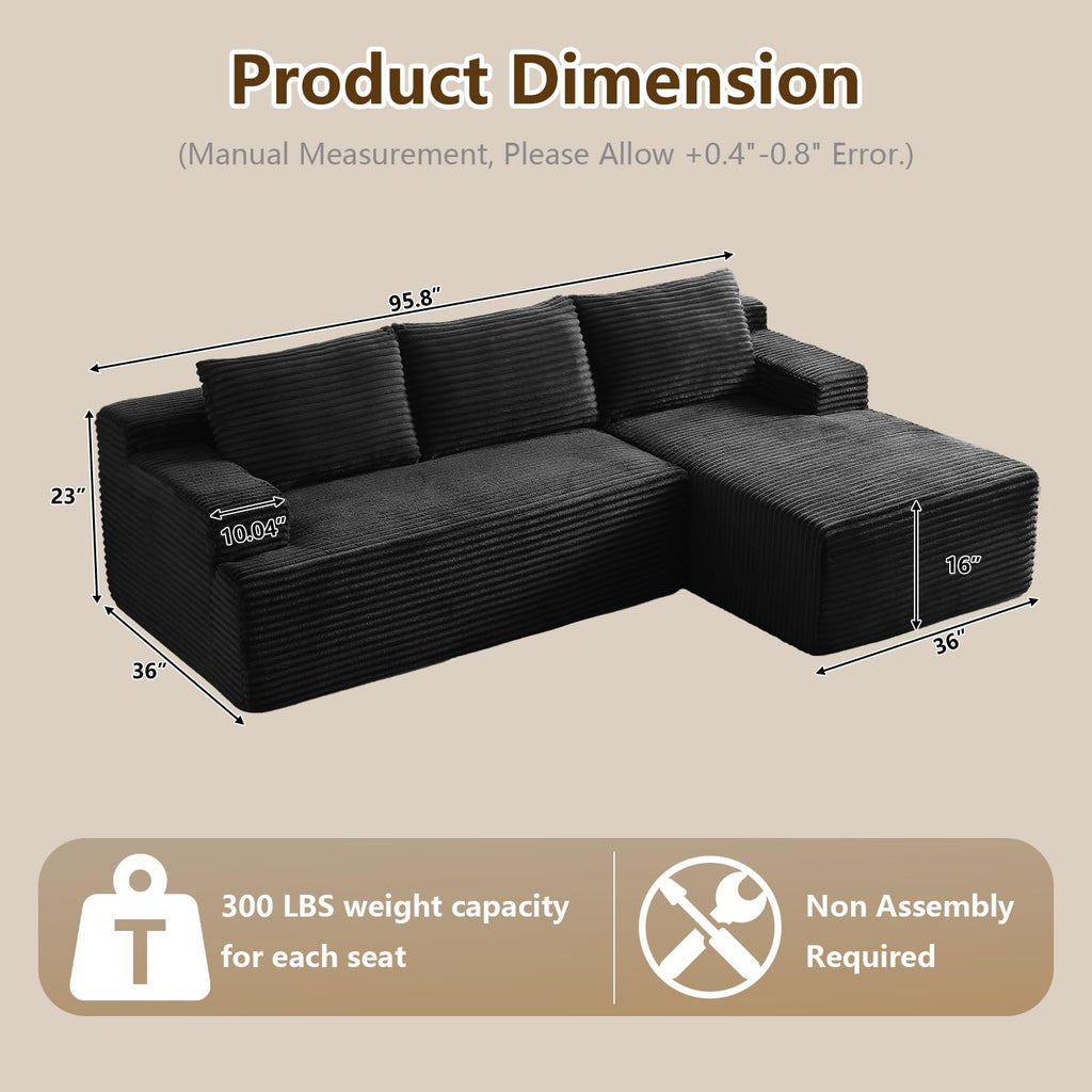96" Modular Sectional Sofa Couches L-Shape Couch 3 Seat Modular Sofa Corduroy Memory Foam Sectional Boneless Couches for Living Room, Cloud Couch with Oversized Chaise(Black, Right Facing)